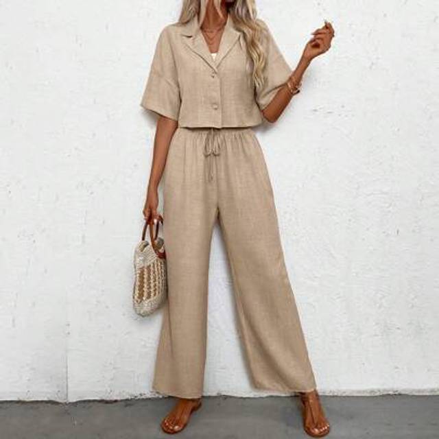 SHEIN 2 Pieces Set Women Solid Color Short Sleeve Shirt And Pants, Fashionable For Summer