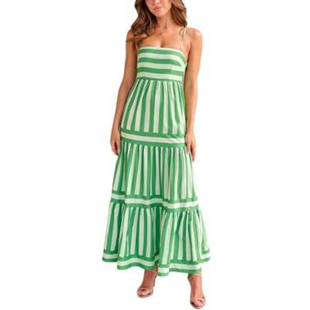 SHEIN Women&#39;s Summer Long Tiered Dress Sleeveless Spaghetti Strap Square Neck Striped Print Sundress Midi Slip Dresses Daily Streetwear