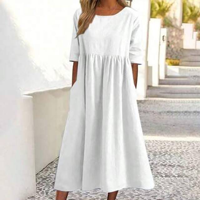 SHEIN 2025 Spring/Summer New Arrival Plus Size Casual Loose Solid Color 5/10 Sleeve Linen Dress