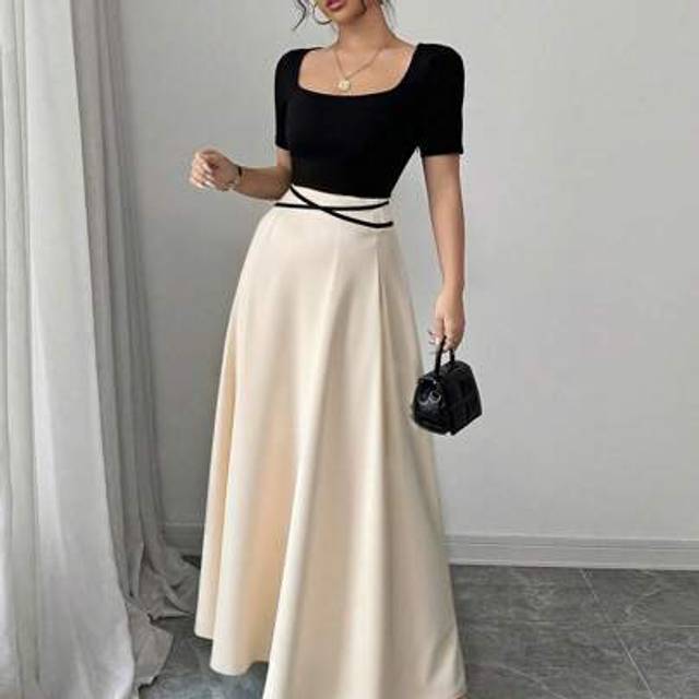 Gloray Women&#39;s Elegant Fitted Waist Tie Waist New Chinese Style Print Contrast Color Patchwork Short Sleeve Square Neck Knitted Dress