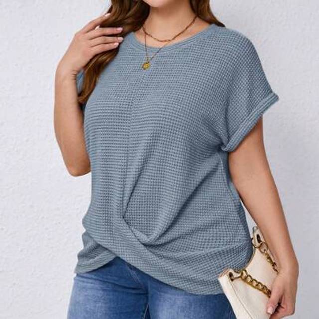 SHEIN Women Plus Size Solid Color Round Neck Short Sleeve Twist Waist Casual T-Shirt,Business Casual Woman