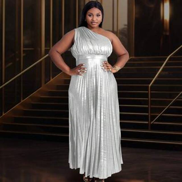SHEIN Plus Size Asymmetrical Shoulder Pleated Sexy Dress, Elegant Formal Evening Prom Wedding Guest Gown, For Graduation, Dinner Spring Outfits For Women, P