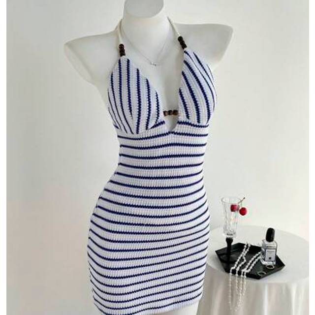 Franclia Blue And White Striped Knit Sleeveless Bodycon Turtleneck Dress