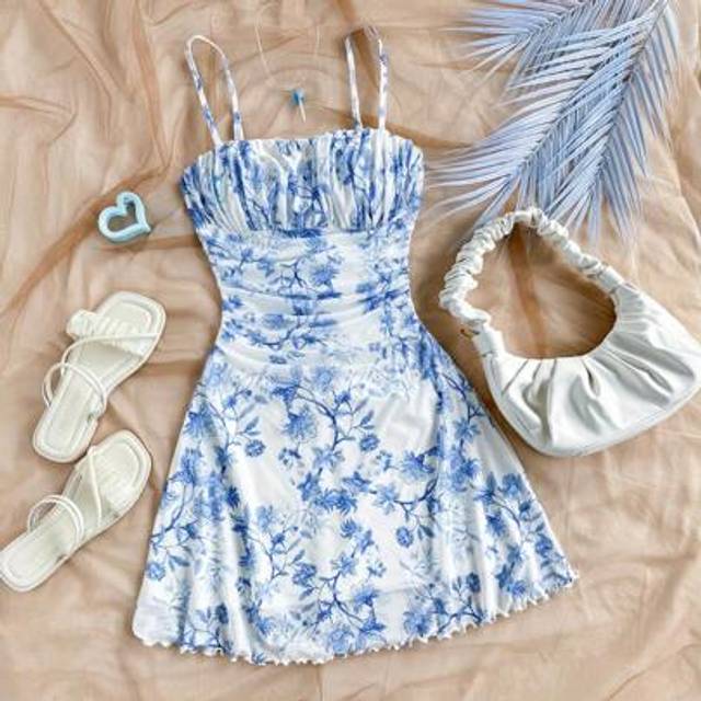 Soleia Women&#39;s Summer Vacation Blue & White Floral Print Mesh Bustier Mini Dress, Suitable For Party, Date, Valentine&#39;s Day, Easter, Carnival, Beach, Cruise,