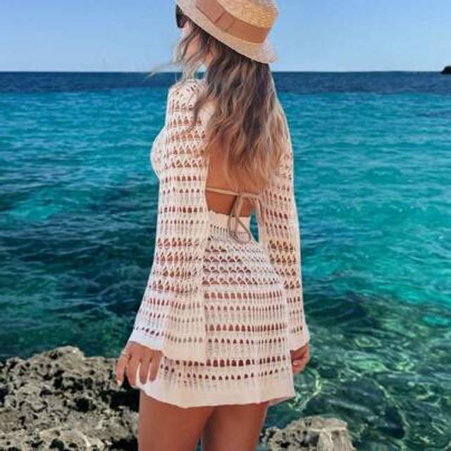 SHEIN Women&#39;s Spring Summer Beach Outfits Bohemian Sexy Hollowed-Out Backless Long Sleeve Crochet Cover Up Sundress