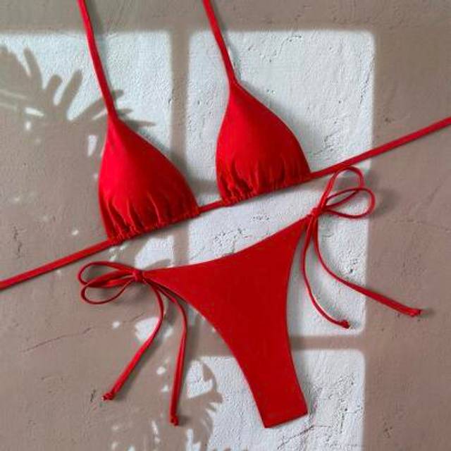 SHEIN Women&#39;s Solid Color Halter Tie Backless Sexy Thong Bikini Set