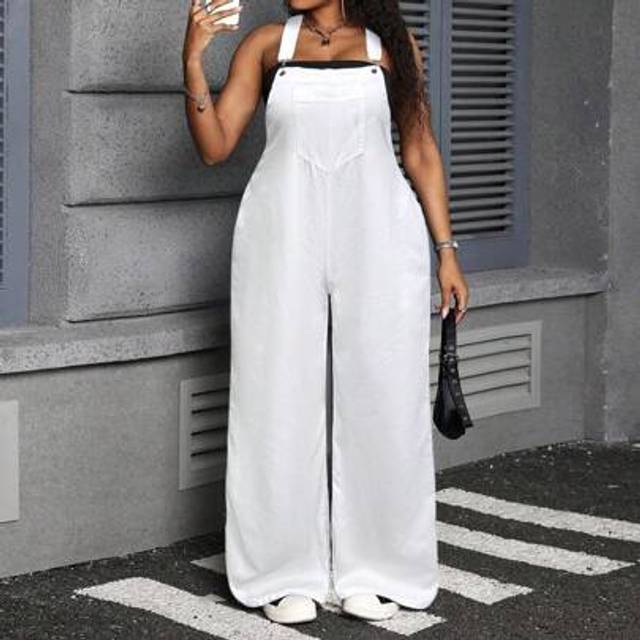 SHEIN Plus Size Sexy Figure-Flattering Denim Bib Overalls, Blue White Jumpsuit  Monos Y Palazzos