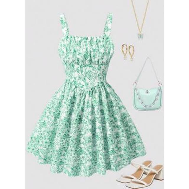 SHEIN 1pc Tween Girls&#39; Vacation Sweet Floral Print Ruffle A-Line Camisole Dress, Suitable For Daily, Vacation, Friend Gathering In Spring/Summer