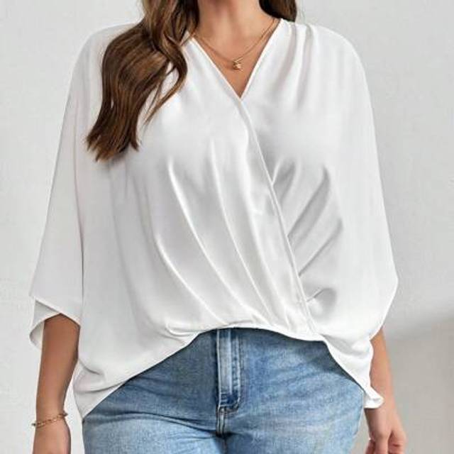 SHEIN Plus Size Women&#39;s Summer Clothes Summer Tops Fashion Casual Commuting Elegant Work Cross Wrap V-Neck Cape 7-Point Sleeves Loose White Top White Shirt