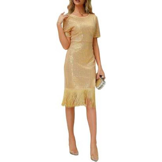 SHEIN Women Sequin Formal Dress Elegant Sparkly Short Sleeves Evening Gown With Tassel For Wedding Cocktail Party Dress