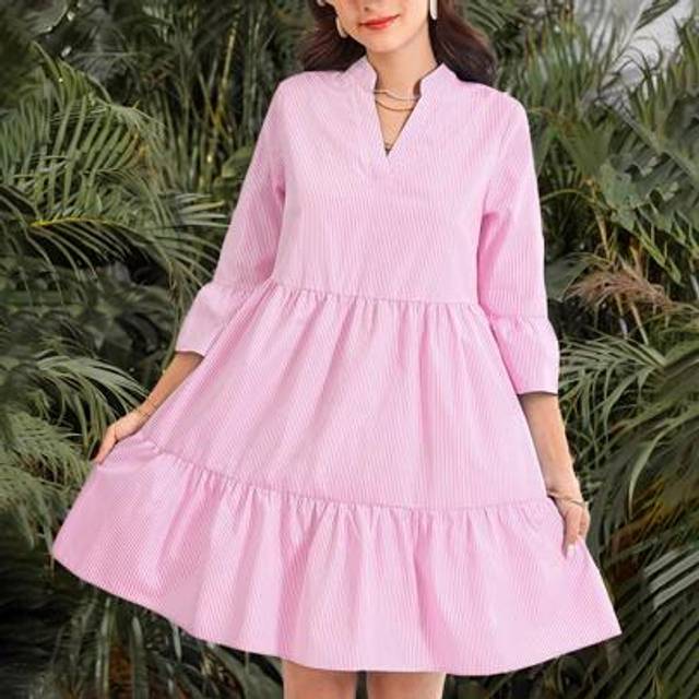 SHEIN Teen Girls Striped A-Line Dress With Doll Collar, Suitable For Holiday, Beach, Casual Wear, Pink & White