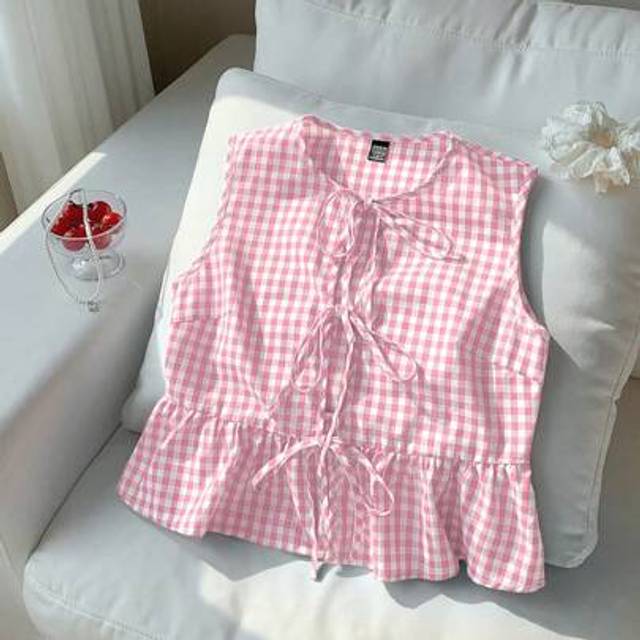 Comfortcana Plus Size Pink Plaid Tied Sleeveless Cardigan Shirt, For Spring/Summer