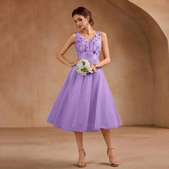 SHEIN Summer V-Neck Sequins&Gauze A-Line Bridesmaid Dress,Prom Gown, For Wedding Guest, Graduation, Dinner