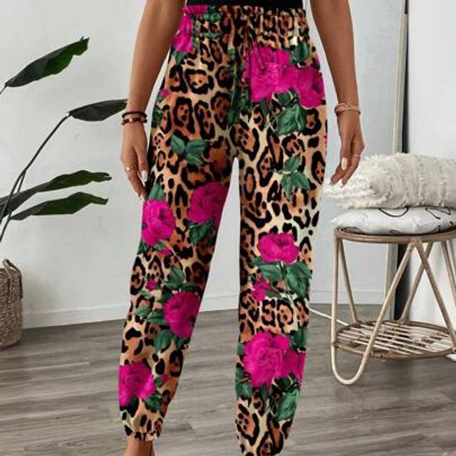 Luneh Women&#39;s Casual Leopard & Floral Elastic Waistband Ruffle Hem Tapered Leg Vintage Printed Loose Pants, Suitable For Spring & Summer