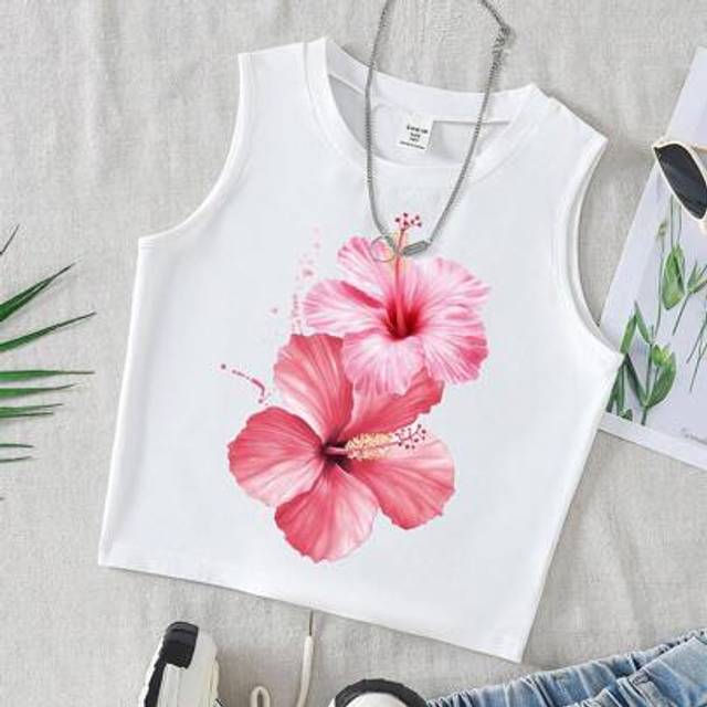 SHEIN Tween Girls Casual 3D Hibiscus Flower Print Round Neck White Vacation Tank Top Summer Tops 12 Cute Summer Tops 9