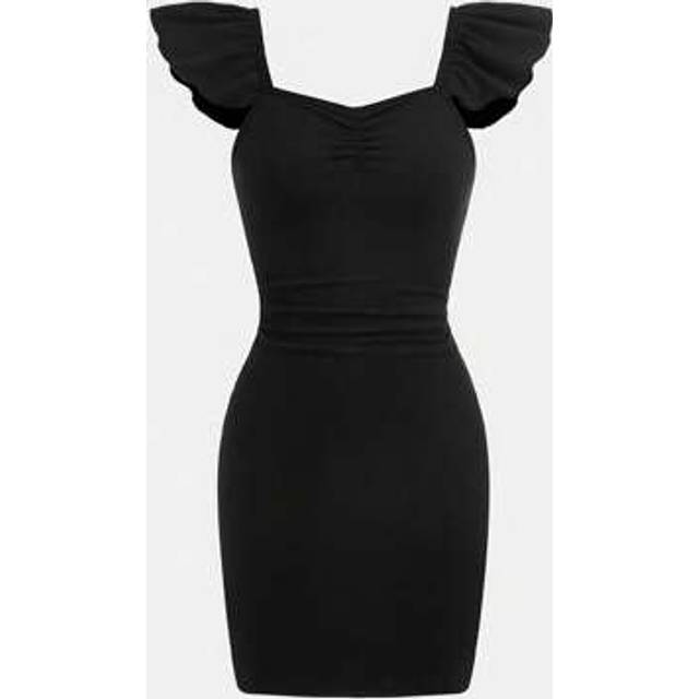SHEIN Teen Girl&#39;s Teenage Elegant Fitted Off Shoulder Cap Sleeve Pleated Waist Black Short Dress, Suitable For Daily Outing, Garden, Party, Birthday And Oth