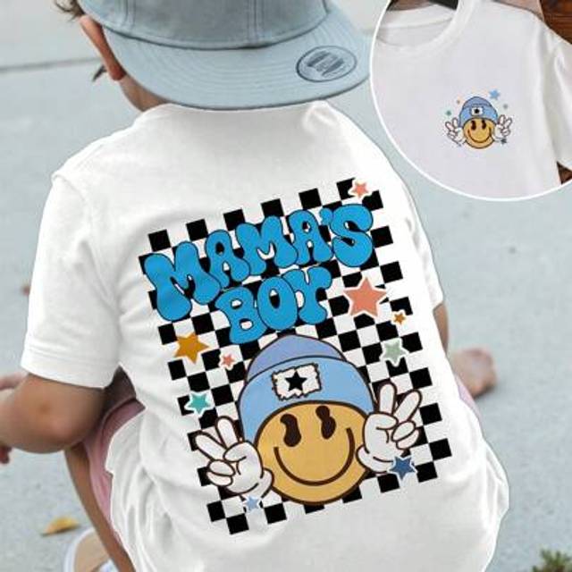 SHEIN Young Boy Casual Checkerboard Cartoon Letter Print Short Sleeve T-Shirt, Summer