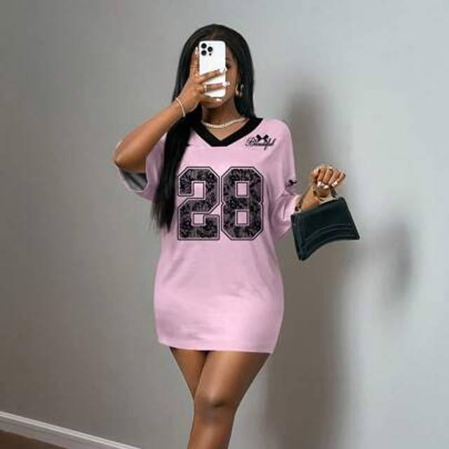 Slaydiva Ballet Sporty Letter Print Casual Minimalist Design V-Neck Dropped Shoulder Plus Size Short Sleeve T-Shirt, Suitable For Summer Women S Clothes Women