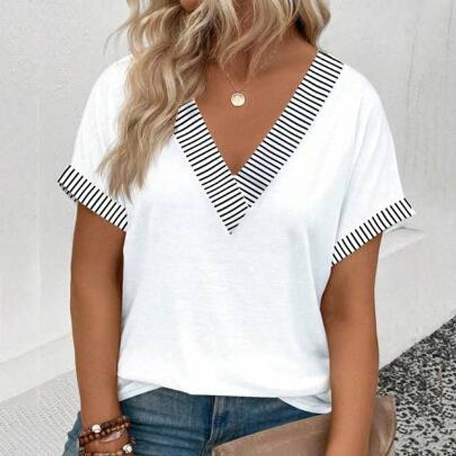 SHEIN New Plus Size Women&#39;s Fashion Striped Collar Deep V-Neck Loose Short Sleeve T-Shirt