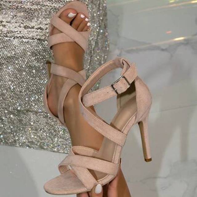 SHEIN French Style Women High Heels Pumps, Suede Beige & Black Cross Strap Hollow Breathable Vintage Roman Sandals Open Toe For Nightclub, Jazz Dance, Party