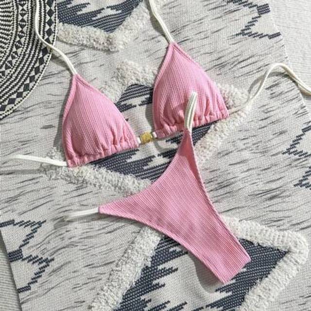 SHEIN 2pcs Women Vacation Casual Textured Colorblock Metal Shell Decor Sexy Triangle Cup Nautical Style Bikini Set Set, Navy Blue & White