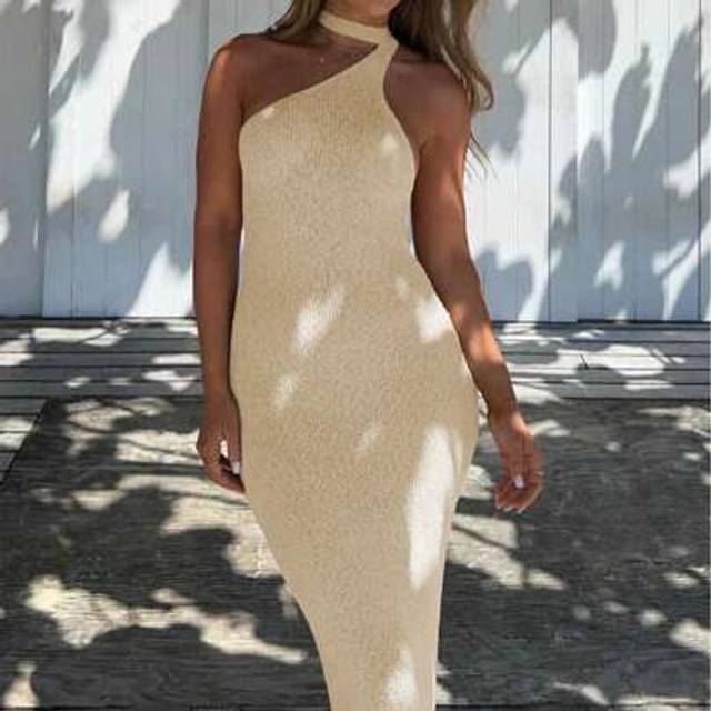SHEIN Sexy Casual Dresses: Diagonal Collar Ribbon Hang Neck Street Style Tight Versatile Dress, Hot Selling Solid Color Bodycon Spaghetti Strap Sheath Dress