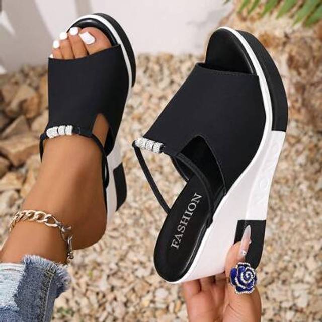 SHEIN 2025 New Summer Platform Wedge Sandals, Slip-On Casual Outdoor Fashionable High Heel Ladies Sandals