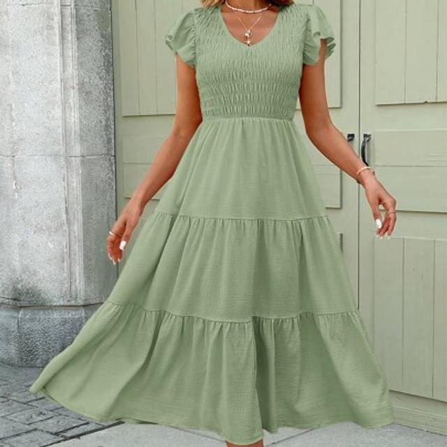 Luneh Spring Romantic Date Flounced Layered Hem Babydoll Dress, Pink Midi Length For Ladies Summer Dresses For Women,Sun Dresses For Women