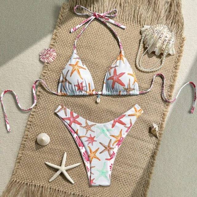 Swim Vcay 2pcs Set Summer Holiday Seashell Print Textured Triangle Bikini Top And High Cut Swim Trunks Sexy Swimsuit