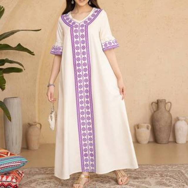 SHEIN V-Neck Loose Long Dress With Short Sleeves For Teenage Girls, Summer