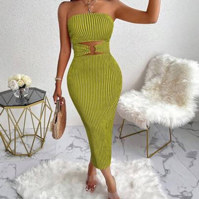 SHEIN Amarilo Women&#39;s Sexy Metal Decorative Buckle Detail Cut Out Split Tube Bodycon Sexy Strapless Dress For Vacation Casual