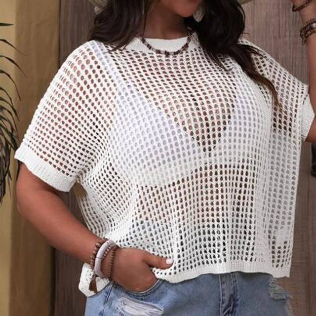 SHEIN Plus Size Mesh Solid Color Short Sleeve Knit Top, Minimalist Fashion Suitable For Summer