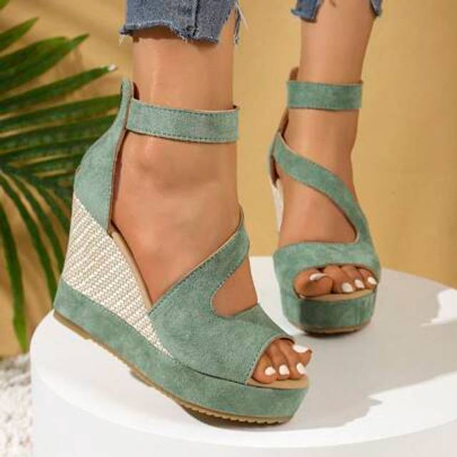 SHEIN Women&#39;s New Summer Suede Thick Bottom Waterproof Platform Wedge High Heel Open Toe Sandals, Hollow Peep Toe Rear Zipper Closure High Heel Sandals