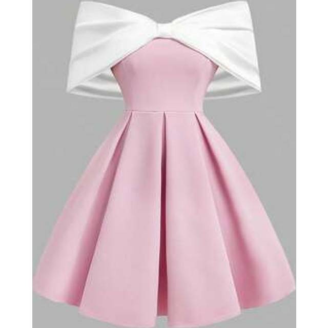 SHEIN Teen Girl Elegant Summer Bow Decor Fold Pleated Hem Midi Dress, Sweet Pink & White, Party Mini Dress