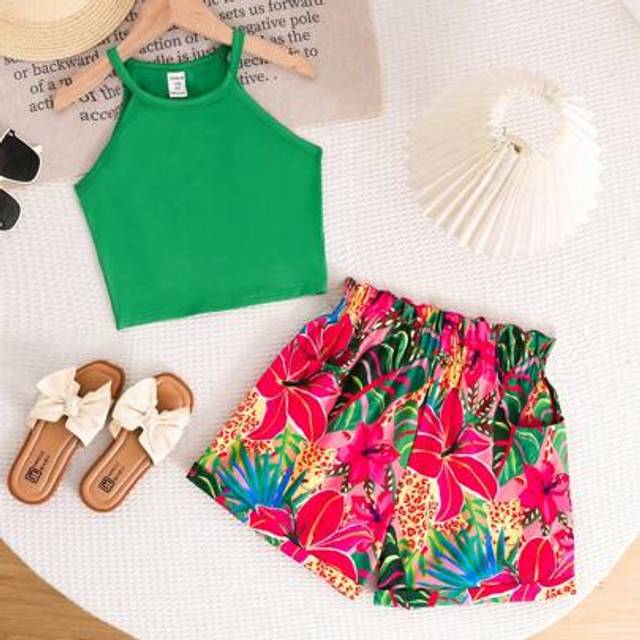 SHEIN 2pcs Tween Girls Casual Sleeveless Floral Top And Shorts Set