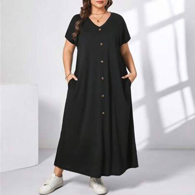 SHEIN Plus Size Women&#39;s Spring And Summer Fashion Casual Loose Comfortable Daily Short-Sleeved Black V-Neck Pocket Long Dress,Summer Outfits For Women,Churc
