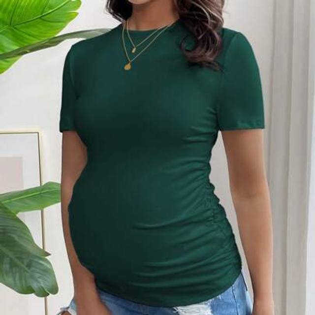 SHEIN Pregnant Women Solid Color Round Neck Short Sleeve Pleated Slim Casual T-Shirt