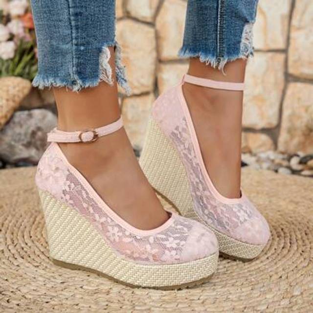 SHEIN New Women Round Toe Lace Mesh Slip-On Platform Wedge Pumps, Black & Pink, Fashion, Ankle Strap, Super High Heel, All Season, Bohemian Style, Casual Le