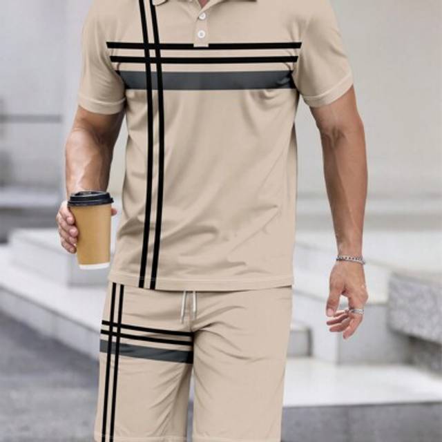 SHEIN Men&#39;s Striped Print Short Sleeve Polo Shirt And Shorts 2 Pieces Outfit