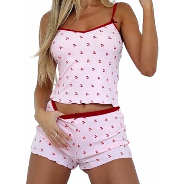 SHEIN Women&#39;s 2 Piece Pajama Set Sleeveless Cherry Print Cami Tops Casual Shorts Sleepwear Sets