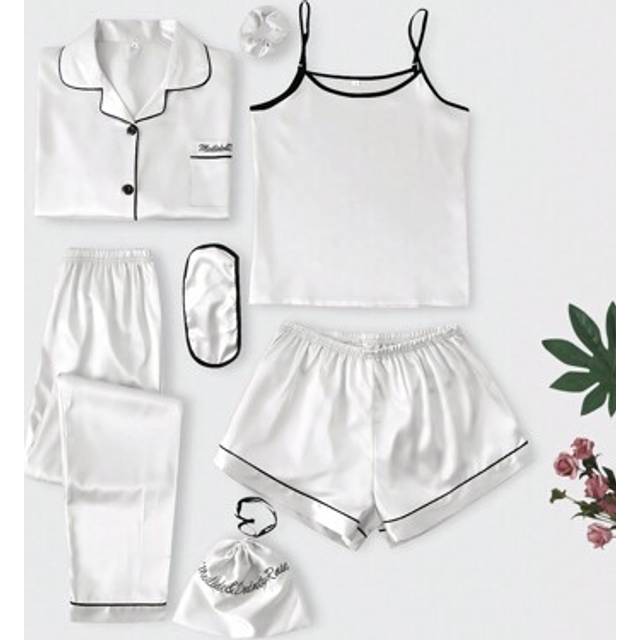 SHEIN 7-Piece Set Women&#39;s Simulated Silk Pajamas With Embroidered Flowers White Set Bridal Lingerie, Vacation