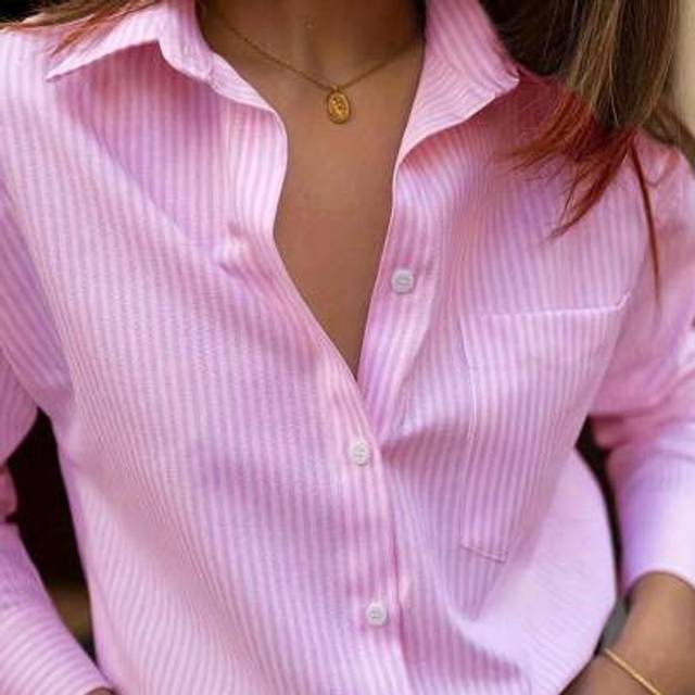 SHEIN Elegant Satin Women Long Sleeve Office Business Shirt, Solid Color Or Striped Woven Fabric With Buttons & Pockets