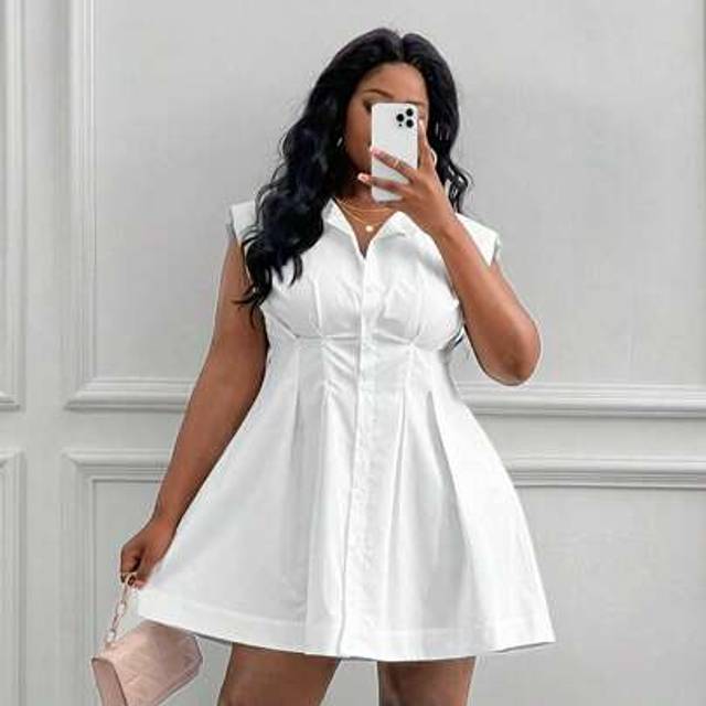 Slaydiva Plus Size Women Elegant & Office & Party Fitted Solid White Sleeveless Shoulder Pad Waisted A-Line Shirt Dress Mini, Spring/Summer,Graduation Dress