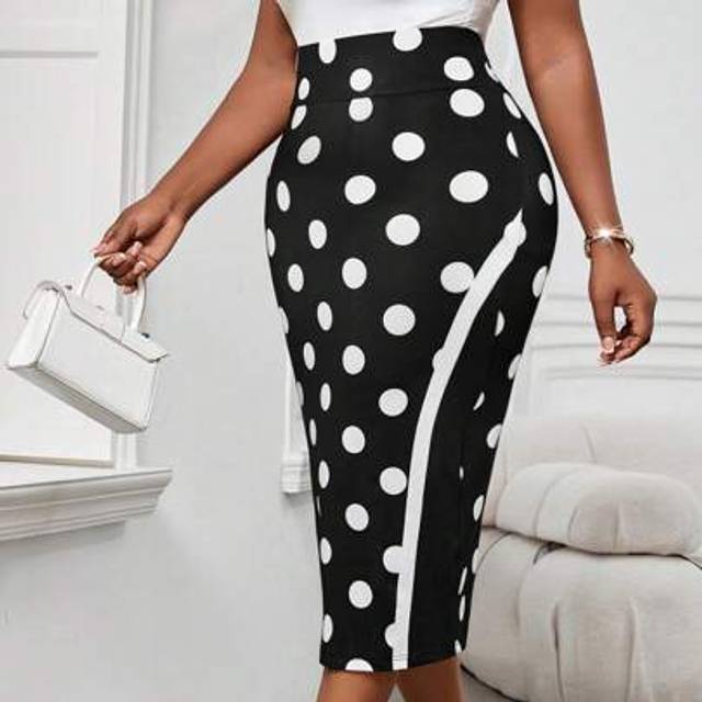 SHEIN Spring And Summer Elegant Work Office Colorful Plaid Knitted Split Midi Plus Size Skirts