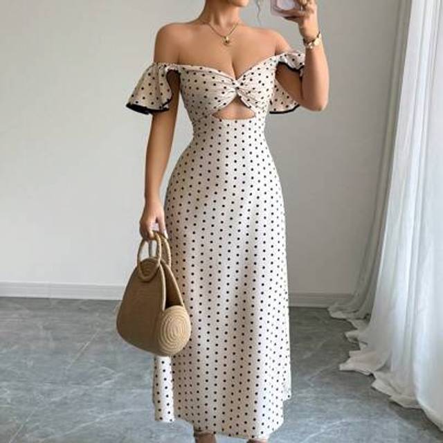SHEIN Women&#39;s Elegant Gyaru Street Style Off-Shoulder Polka Dot Cutout Waist Long Dress Summer Vacation Dress