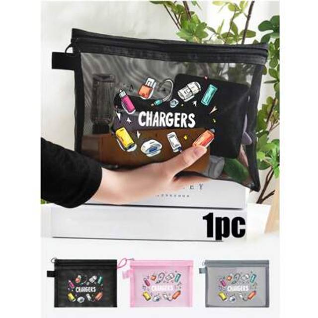 SHEIN Mesh Cosmetic Bag With Data Cable Pattern, Canvas Charger Storage Bag - Non-Waterproof Electronic Accessories Box, Suitable For Travel Cables And USB