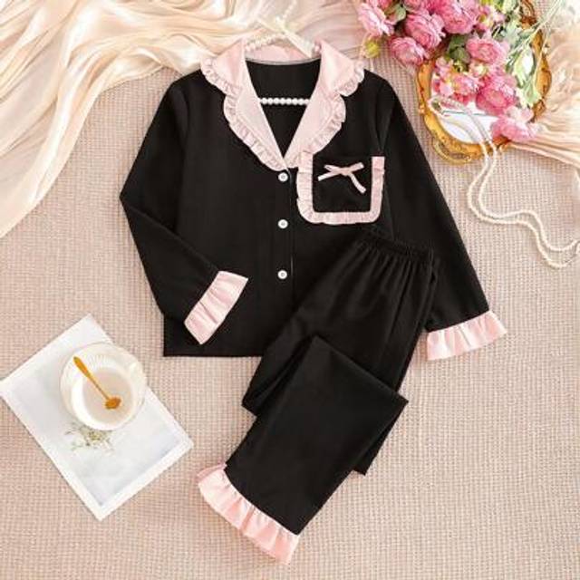 SHEIN 2pcs/Set Girls&#39; Elegant Home Loungewear Set With Floral Print, Ruffle Trim Pants & Long Sleeve Top, Summer
