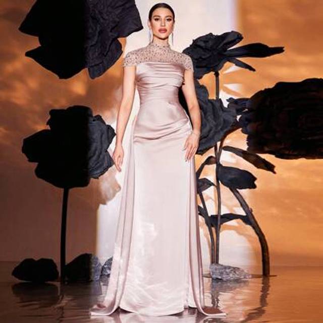 SHEIN Apricot V-Neck Long Sequined Sash Evening Gown,Party Dress,Formal,Wedding Guest