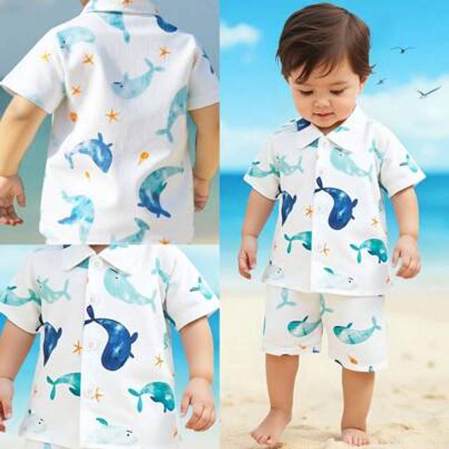 SHEIN 2pc Baby Boy Casual Holiday Style Cute Whale Print Short Sleeve Shirt & Shorts Set, Suitable For Daily, Beach, Travel, Summer, 6M-3T