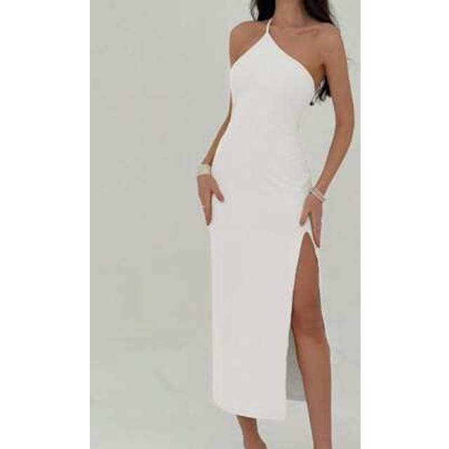 Aloruh Light Yellow Knitted Backless Dress With Side Slit White Dresses For Women